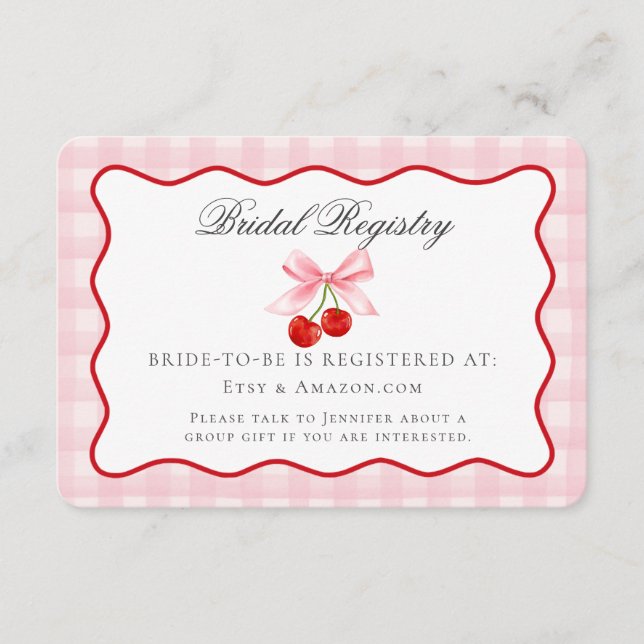 Cherry Sweet Pink Coquette Bow Bridal Registry Enclosure Card (Front)