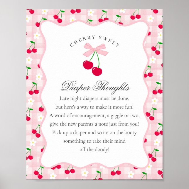 Cherry Sweet Pink Coquette Bow Diaper Thoughts Poster (Front)