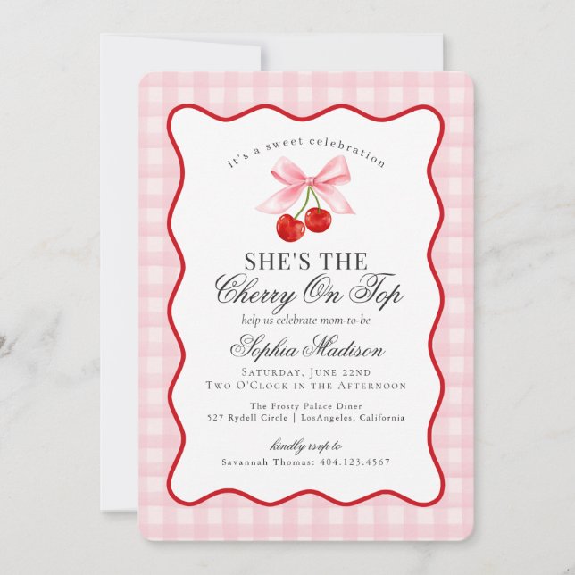 Cherry Sweet Pink Coquette Bow Gingham Baby Shower Invitation (Front)