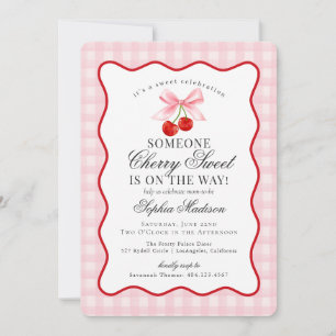 Cherry Sweet Pink Coquette Bow Gingham Baby Shower Invitation