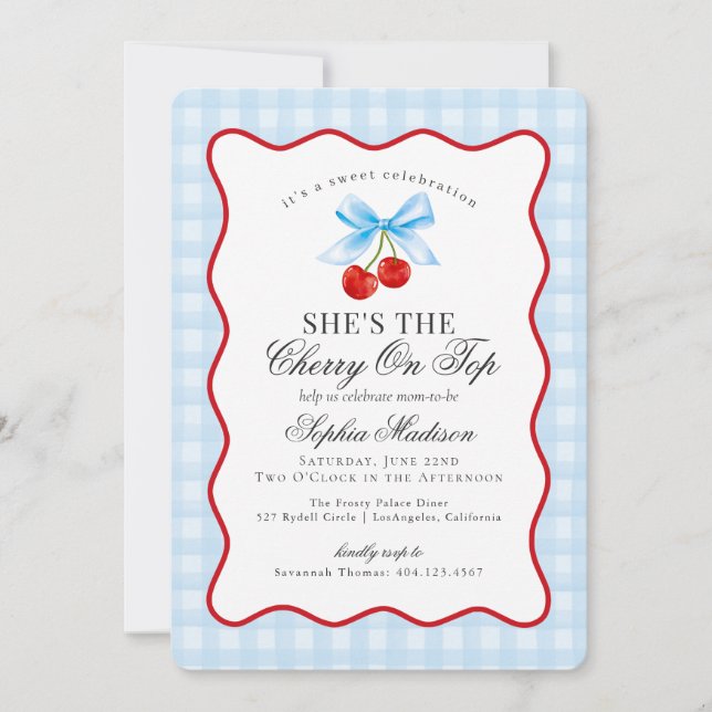 Cherry Sweet Pink Coquette Bow Gingham Baby Shower Invitation (Front)