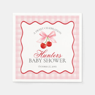 Cherry Sweet Pink Coquette Bow Gingham Baby Shower Napkins