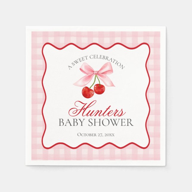 Cherry Sweet Pink Coquette Bow Gingham Baby Shower Napkins (Front)