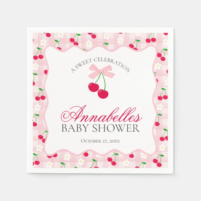 Cherry Sweet Pink Coquette Bow Gingham Baby Shower Napkins (Front)