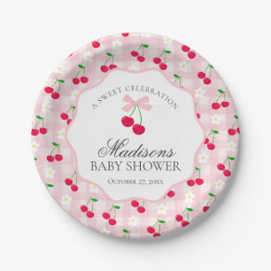 Cherry Sweet Pink Coquette Bow Gingham Baby Shower Paper Plates