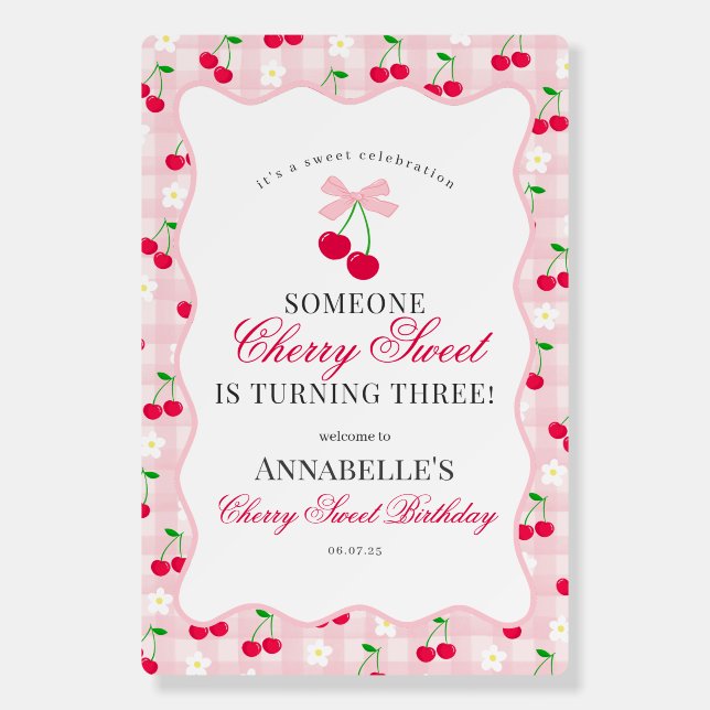 Cherry Sweet Pink Coquette Bow Gingham Birthday Foam Board (Front)
