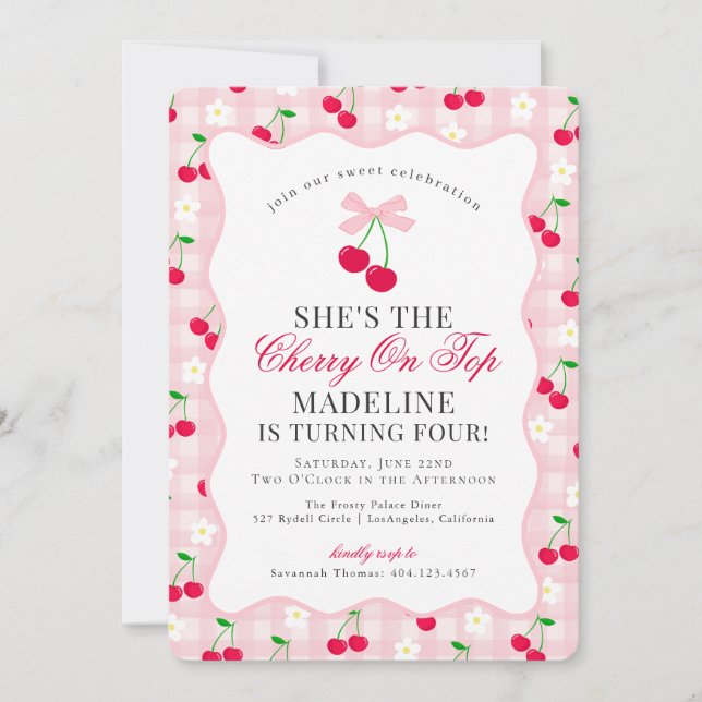 Cherry Sweet Pink Coquette Bow Gingham Birthday Invitation (Front)