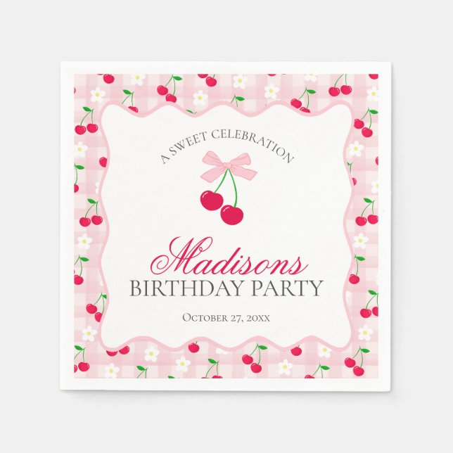 Cherry Sweet Pink Coquette Bow Gingham Birthday Napkins (Front)