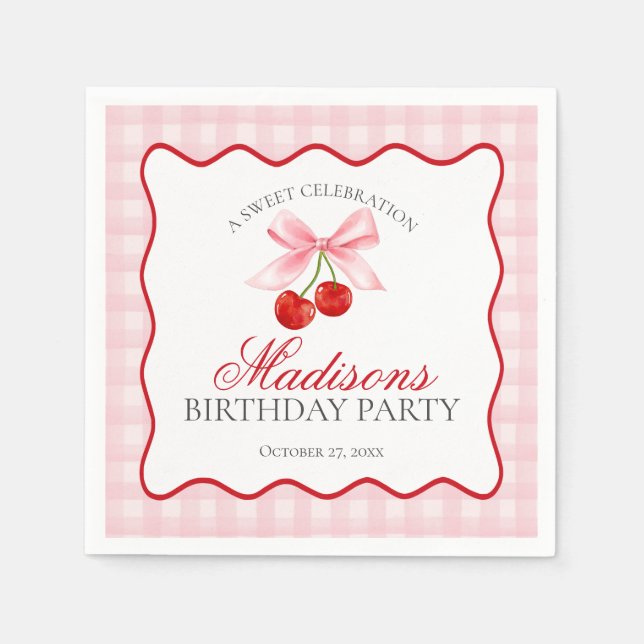 Cherry Sweet Pink Coquette Bow Gingham Birthday Napkins (Front)