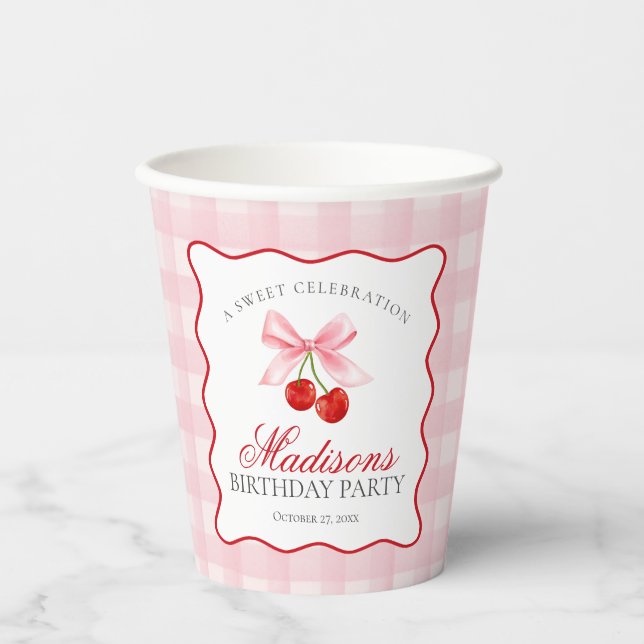 Cherry Sweet Pink Coquette Bow Gingham Birthday Paper Cups (Front)