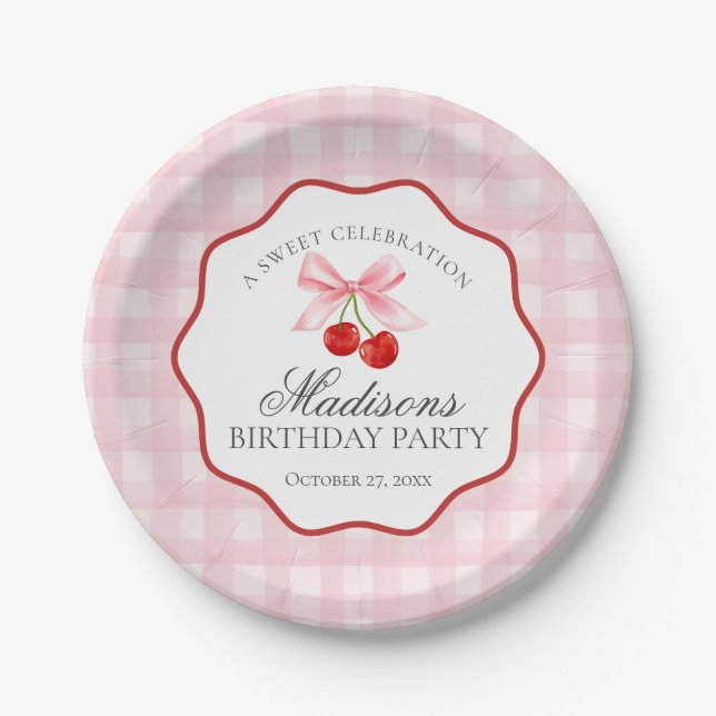 Cherry Sweet Pink Coquette Bow Gingham Birthday Paper Plates (Front)