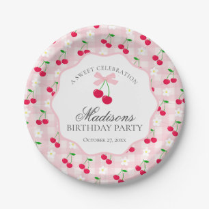 Cherry Sweet Pink Coquette Bow Gingham Birthday Paper Plates