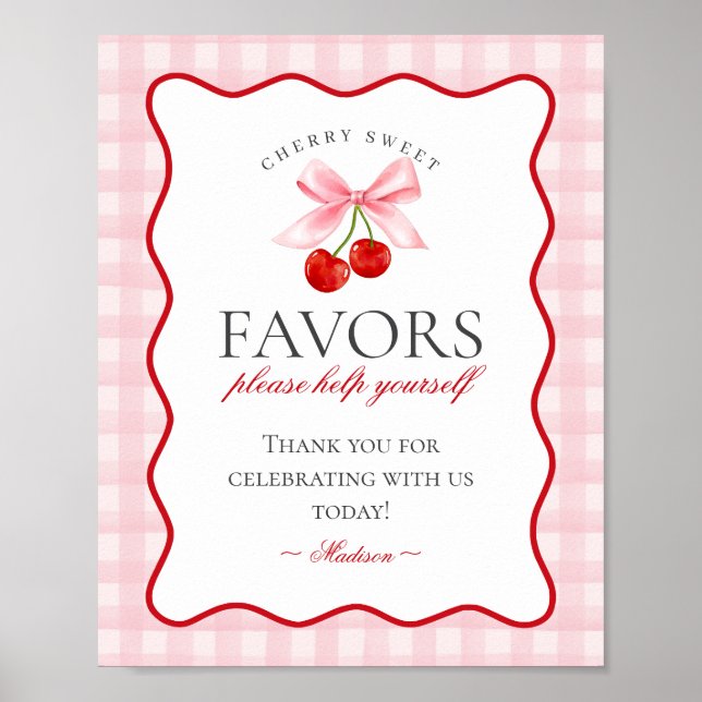 Cherry Sweet Pink Coquette Bow Gingham Favors Sign (Front)