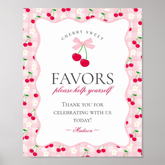 Cherry Sweet Pink Coquette Bow Gingham Favors Sign (Front)