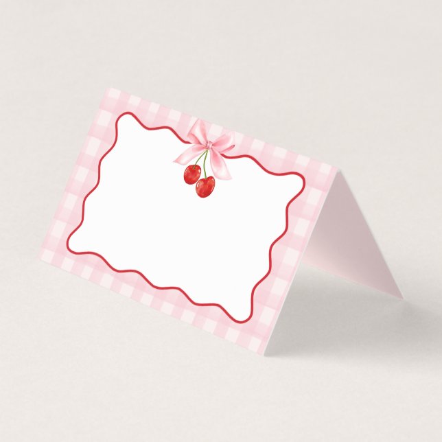 Cherry Sweet Pink Coquette Bow Gingham Place Card (Front)