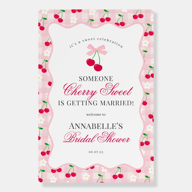 Cherry Sweet Pink Coquette Gingham Bridal Shower Foam Board (Front)
