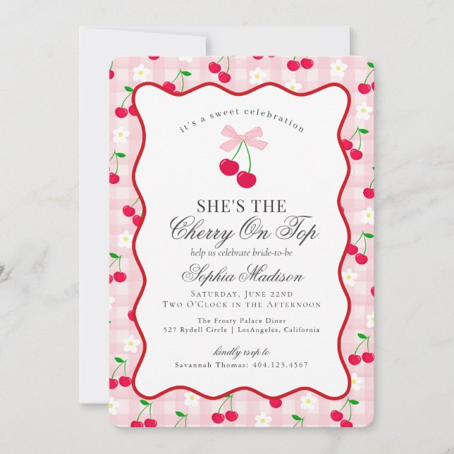 Cherry Sweet Pink Coquette Gingham Bridal Shower Invitation (Front)