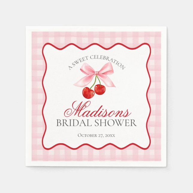 Cherry Sweet Pink Coquette Gingham Bridal Shower Napkins (Front)