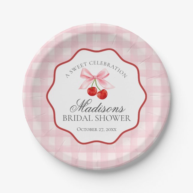 Cherry Sweet Pink Coquette Gingham Bridal Shower Paper Plates (Front)