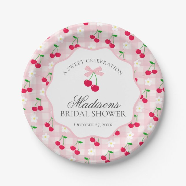 Cherry Sweet Pink Coquette Gingham Bridal Shower Paper Plates (Front)