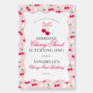 Cherry Sweet Pink Coquette Gingham First Birthday Foam Board