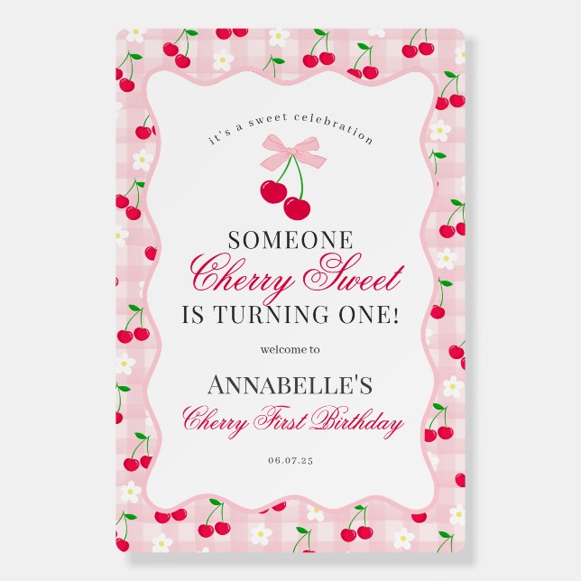 Cherry Sweet Pink Coquette Gingham First Birthday Foam Board (Front)