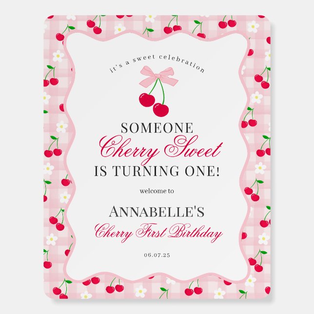 Cherry Sweet Pink Coquette Gingham First Birthday Foam Board (Front)