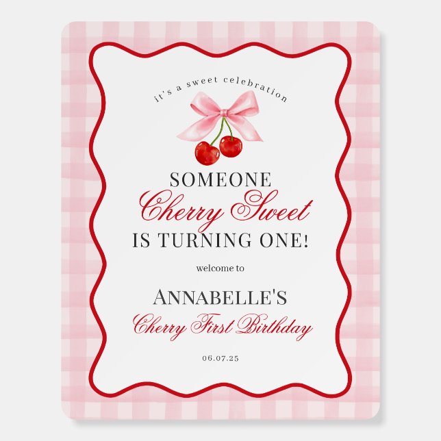 Cherry Sweet Pink Coquette Gingham First Birthday Foam Board (Front)