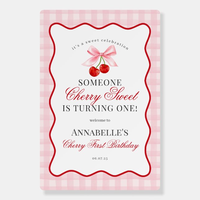 Cherry Sweet Pink Coquette Gingham First Birthday Foam Board (Front)