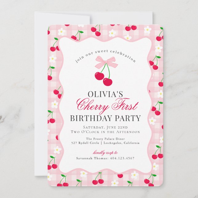 Cherry Sweet Pink Coquette Gingham First Birthday Invitation (Front)