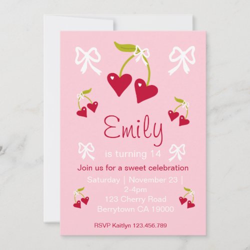 Cherry Sweet Pink Preppy Birthday Party Invitation