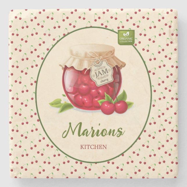 Cherry Themed Custom Stone Drink Coaster (Front)