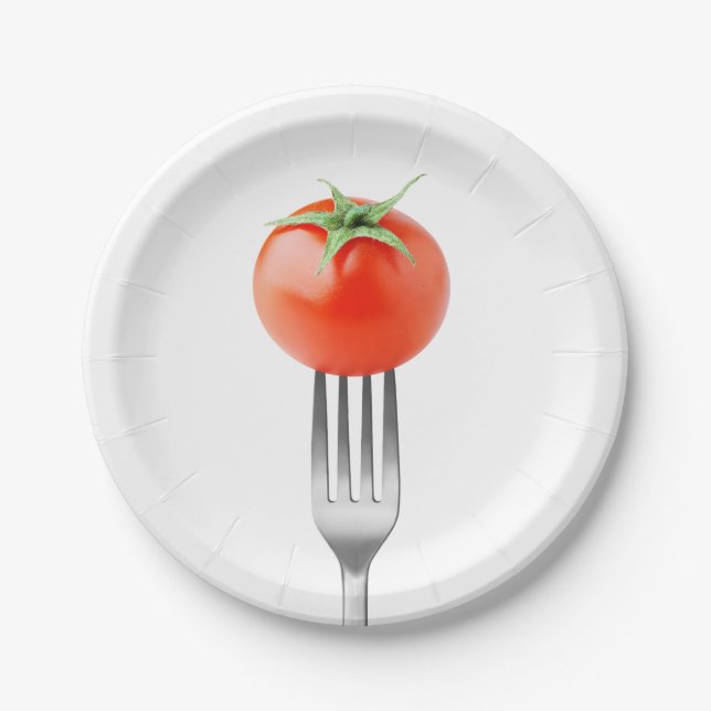Cherry tomato on a fork paper plates (Front)