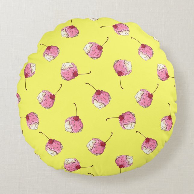 Cherry-Topped Ice Cream Pattern Round Pillow (Front)