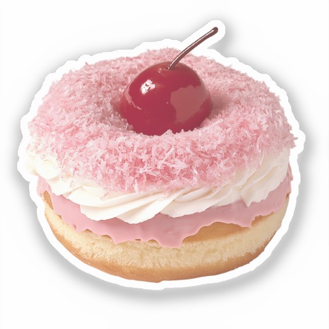 Cherry-Topped Pink Coconut Donut Sticker (Front)