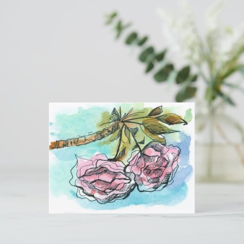 Cherry Tree Blossoms Pink Flowers Watercolor Postcard