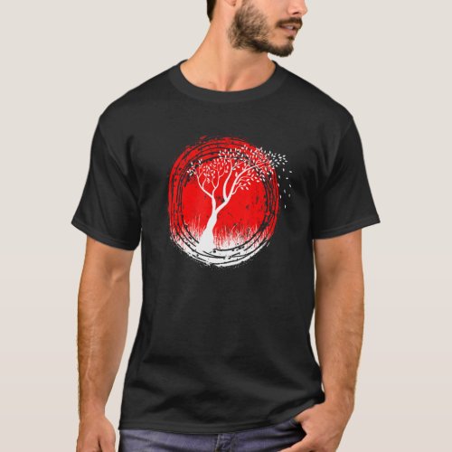 Cherry Tree On A Red Sun _ Japanese Look _ Bonsai  T_Shirt