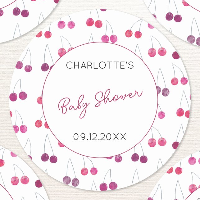 Cherry Watercolor Baby Shower Personalized Classic Round Sticker (Cute watercolor cherry pink and white pattern personalized baby shower name date stickers)