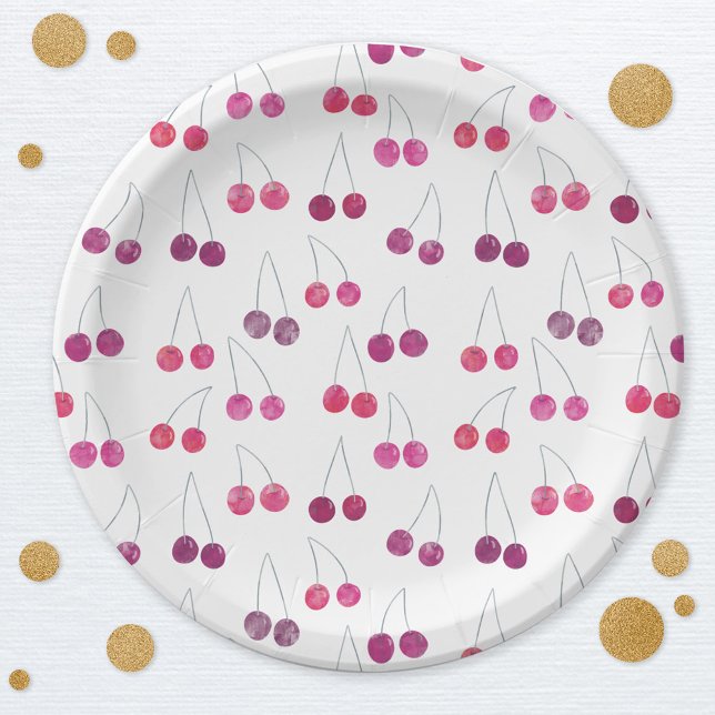 Cherry Watercolor Paper Plates (Pretty watercolor cherry pattern   party paper plates)