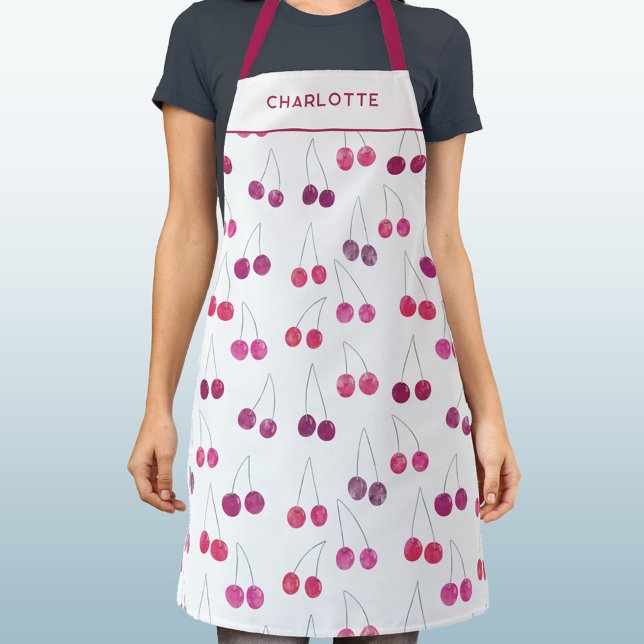 Cherry Watercolor Personalized Apron (Pretty watercolor cherry pattern personalized custom name text apron)