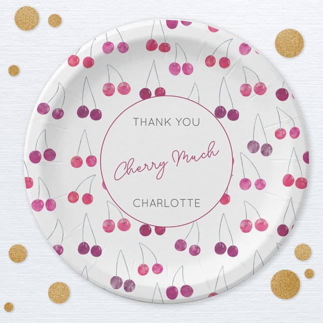 Cherry Watercolor Personalized Paper Plates (Thank You Cherry Much personalized cherries design party paper plates)