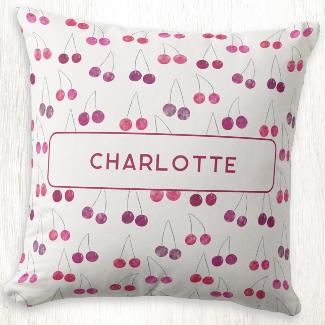 Cherry Watercolor Personalized Throw Pillow (Personalized custom name watercolor cherriespattern throw pillow)