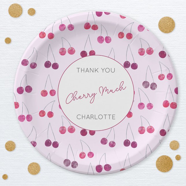 Cherry Watercolor Pink Bridal Shower Personalized Paper Plates (Watercolor cherry pink custom text personalized thank you cherry much party paper plate)