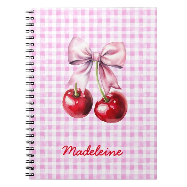 Cherry with Cute Pink Bow on Gingham Custom Name Notebook (Front)