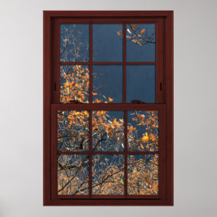 Cherry Wood Faux Window Autumn Leaves View 2 of 2 Poster