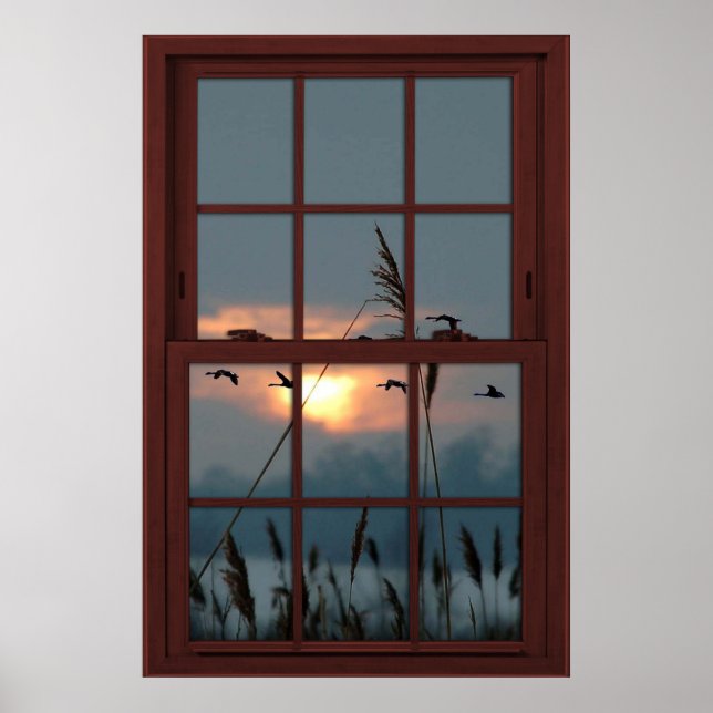 Cherry Wood Faux Window Illusion - Flock of Birds Poster (Front)
