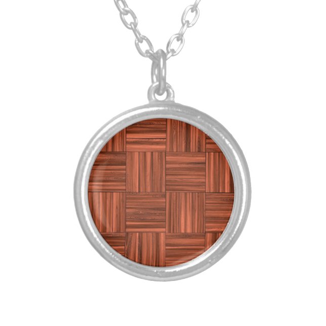 Cherry Wood Parquet Floor Pattern Silver Plated Necklace (Front)
