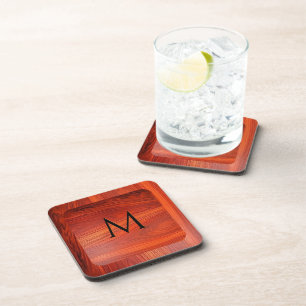 Cherry wood texture custom monogram. beverage coaster