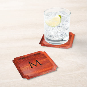 Cherry wood texture custom monogram. paper coaster