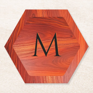 Cherry wood texture custom monogram. paper coaster
